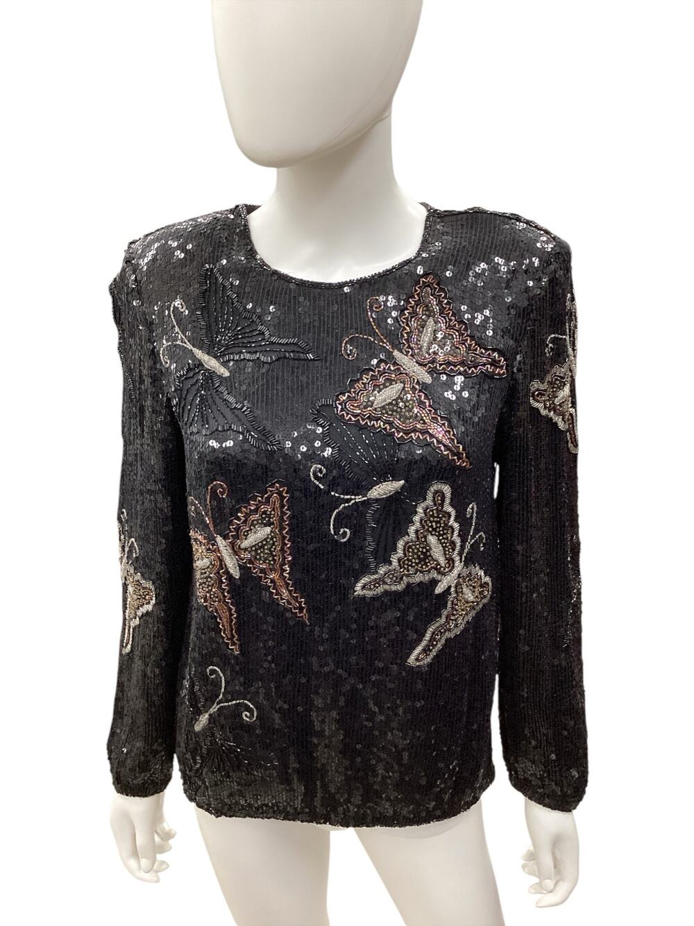 VTG Judith Ann Creations Top Women’s Size M 100% Pure Silk Sequins Butterflies